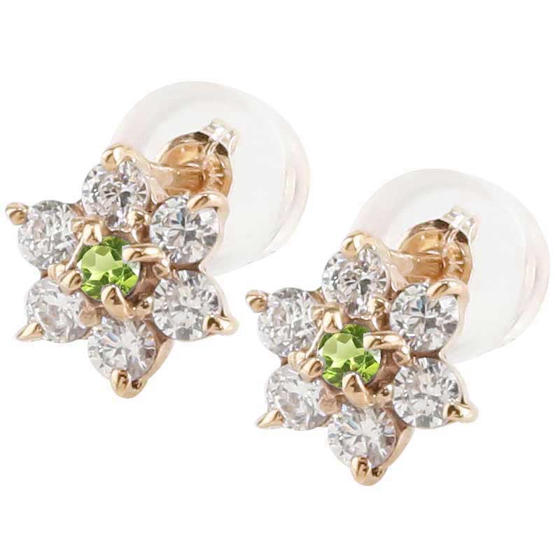 [ポスト太め0.9ミリ] 18金 ピアス ダイヤモンドピアス 花 フラワー ピアス ペリドット ピンクゴールドk18 18k スタッドピアス 天然石 ダイヤ 8月誕生石 レディース