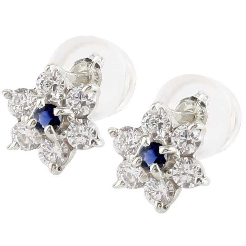[ポスト太め0.9ミリ] 18金 ピアス ダイヤモンドピアス 花 フラワー ピアス サファイア ホワイトゴールドk18 18k スタッドピアス 天然石 ダイヤ 9月誕生石 レディース