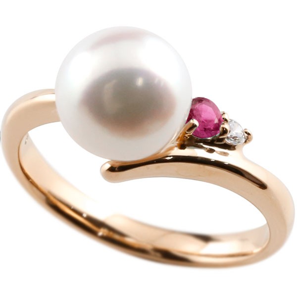 逆輸入 18金 真珠 指輪 パール ルビー ダイヤモンド リング ピンク