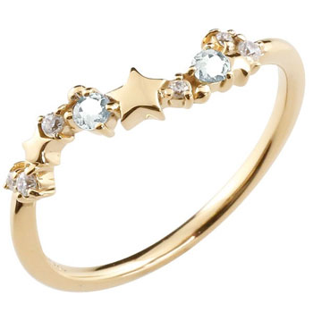 18金 リング 星 スター イエローゴールドk18 18k アクアマリン ダイヤモンド 3月誕生石 ピンキー流れ星 指輪 重ね付け 華奢 細め 細身 レディース 大きいサイズ対応