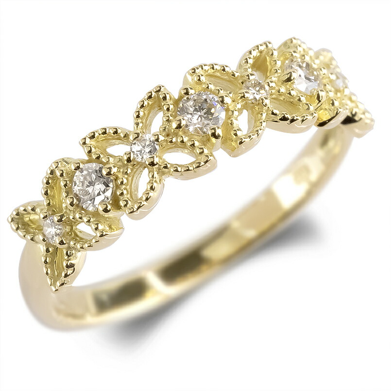 【15％OFFクーポンあり】【最短発送】 18金 リング 5号 ダイヤモンド 0.12ct ゴールド イエローゴールドK18 18k 花 フラワー ミル打ち ピンキーリング 人気