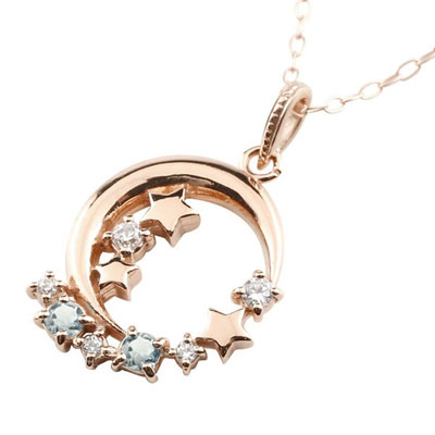 18金 ネックレス 星 月 ゴールドアクアマリン ダイヤモンド ペンダント ピンクゴールドk18 スター 流れ星 3月誕生石 18k レディース