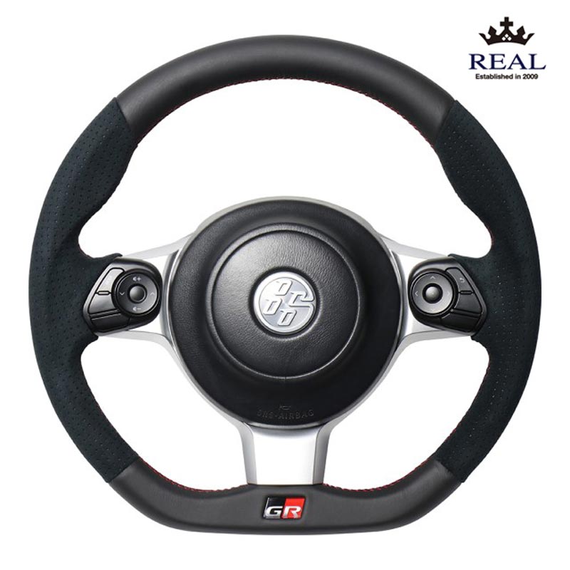 TOYOTA 86 (ハチロク)　ZN6 後期型用 レアル ステアリング オリジナルシリーズ　ブラックレザー&ブラックウルトラスエード (レッド×ブラックユーロステッチ)　品番： GRM-ALC-RD　(REAL Steering 純正交換タイプ) ※送料無料 (沖縄県および離島は除く)