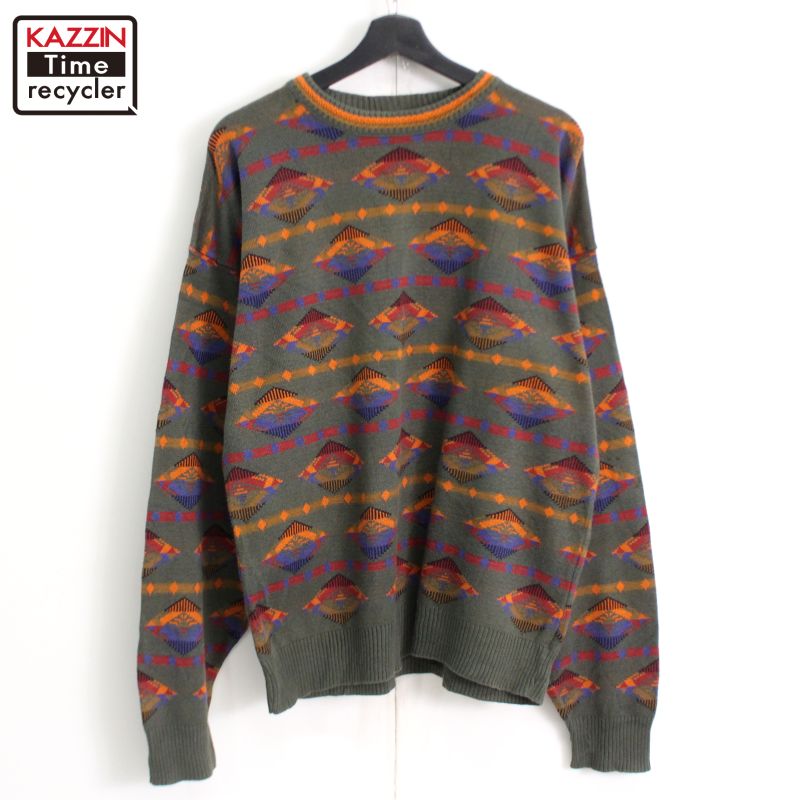 90s ペリーエリス スター 総柄 デザイン ニット セーター レディース L / 古着 オールド 長袖ニット 星 コットン ヘビーウェイト ツートン 90s ペリーエリス スター 総柄 デザイン ニット セーター