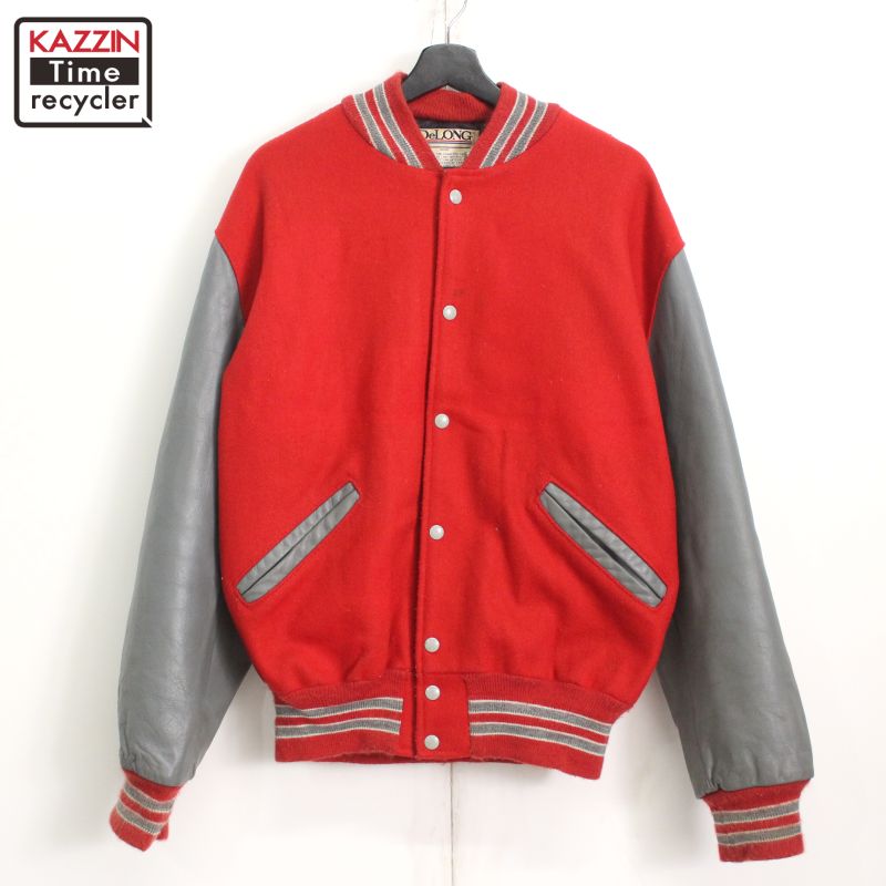 【良品】DeLONG デロング スタジャン USA製 ウール レザー 緑 L DeLONG デロング 袖レザー ウールスタジャン グリーン Size 2X