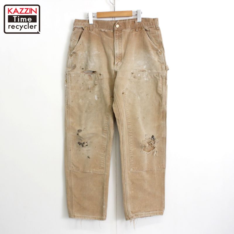Carhartt ベージュ ワークパンツダメージビンテージ 90s USA製 carharttカーハート ダメージ ダブルニー ダック地