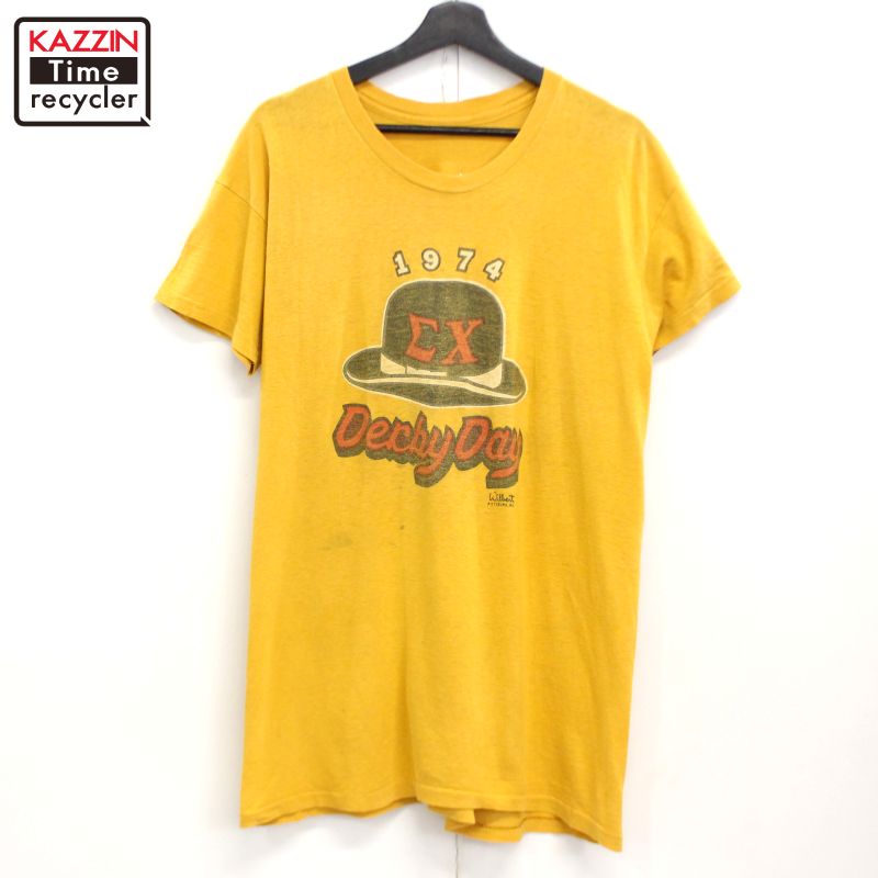 70s ヴィンテージ トップハット Derby Day 半袖Ｔシャツ 古着 ★ メンズ M大いさ好いかげんに 黄み Tシャツ・カットソー-トップス-メンズファッション