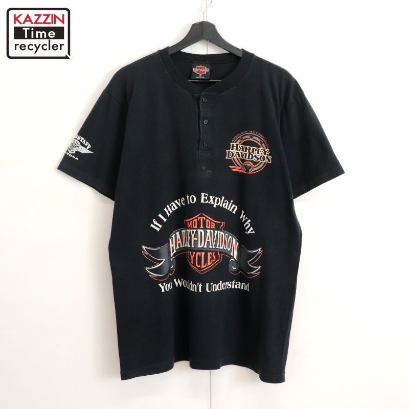 90s USA製 ヴィンテージ ハーレーダビッドソン HARLEY DAVIDSON ヘンリーのど首 鷲 バイ鉄道車両 自動二輪車 半袖Ｔシャツ 古着 ★ メンズ 書きあらわすL大いさ 黒いこと Tシャツ・カットソー-メンズファッション
