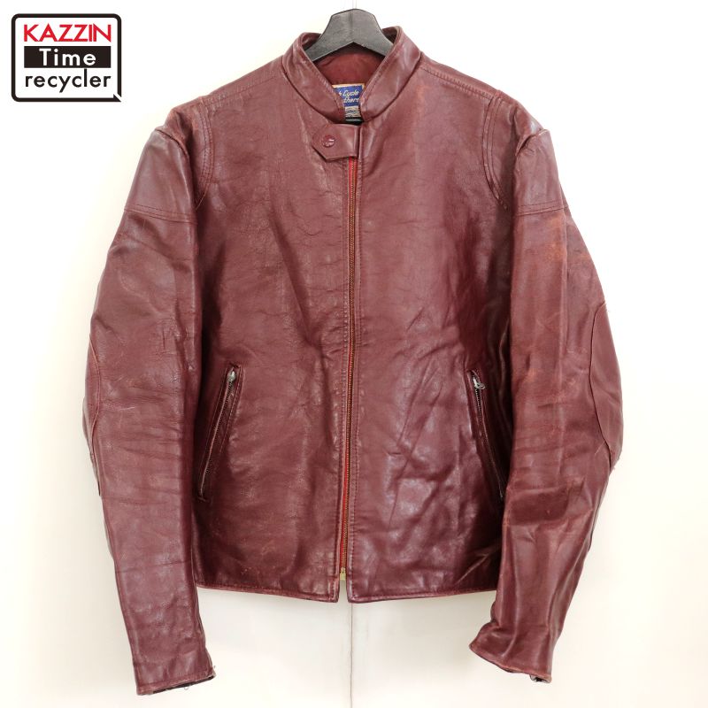 P10倍 【中古】70s ヴィンテージ British Cycle Leathers エルボーパッチ 一ころ シングルライダースジャケット 古着  メンズ L大きさ好いかげんに ブドウ酒赤いこと