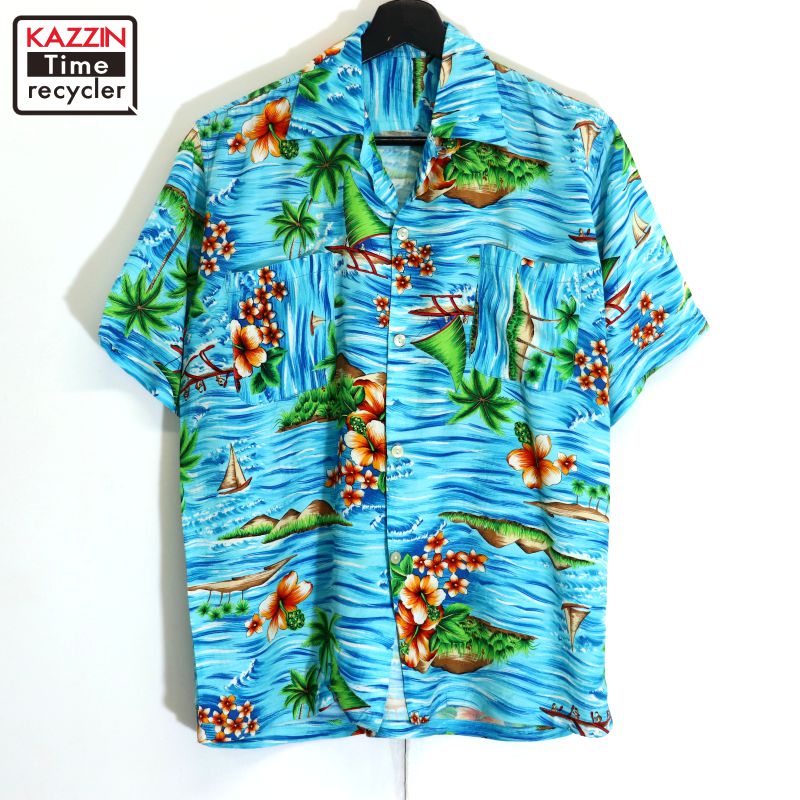 【中古】60s ヴィンテージ 総柄 レーヨン アロハシャツ 古着 メンズ Mサイズ相当 ライトブルー|Vintage古着屋 KAZZINTimerecycler