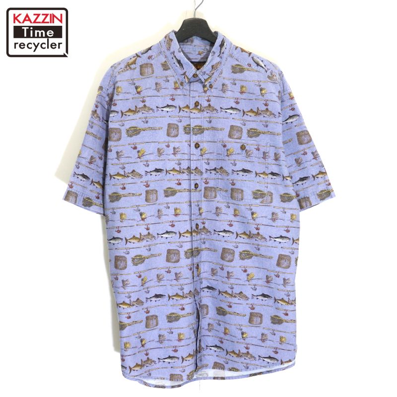 90s 00s WOOLRICH コットン BD 半袖シャツ 釣り 魚柄 USA ウールリッチ 90年代 おそらくUSA製？総柄シャツ 魚柄 釣り柄