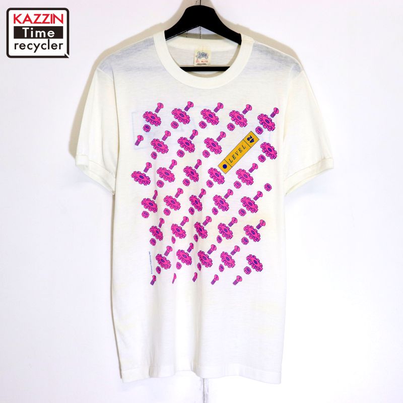 P10倍 【中古】80s ヴィンテージ 気泡管水準器42 LEVEL42 ダンス楽隊Ｔシャツ 古着  メンズ 書きあらわすXL大きさ 白いこと