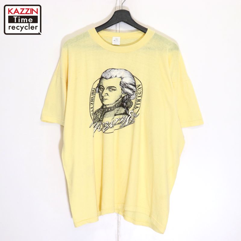 P10倍 【中古】80s ヴィンテージ モーツァルト 半袖Ｔシャツ 古着  メンズ 書きあらわすXXL大きさ 黄色