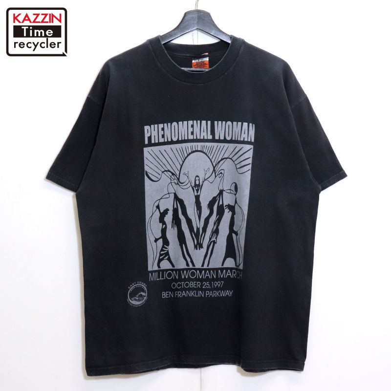 P10倍 【中古】90s USA製 ヴィンテージ ミリオンウーマンマーチ 半袖Ｔシャツ 古着  メンズ L大いさ好いかげんに 黒いこと