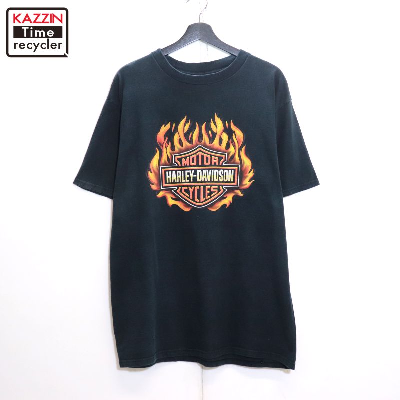 P10倍 【中古】90s USA製 ヴィンテージ ハーレーダビッドソン HARLEY DAVIDSON 鷲 バイ鉄道車両 自動二輪車 ファイヤー 半袖Ｔシャツ 古着  メンズ 書きあらわすXL大きさ 黒いこと