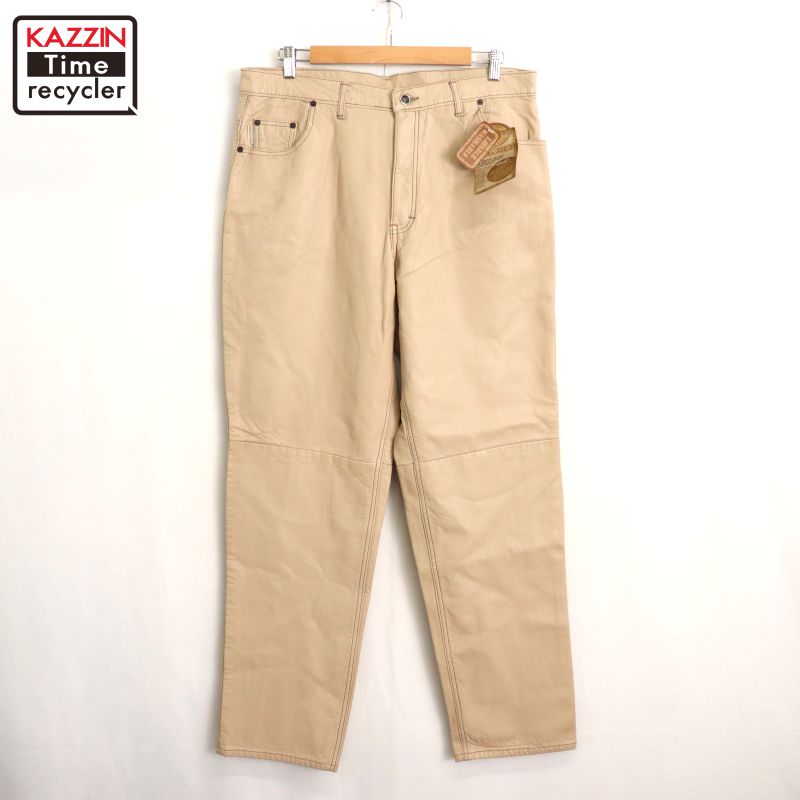 【中古】DEADSTOCK 00s テーパード レザー パンツ 古着 メンズ XLサイズ相当 ビッグサイズ オーバーサイズ ベージュ｜Vintage古着屋 KAZZINTimerecycler