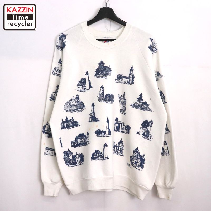 ヴィンテージ　USA製　ミシガンラグ　灯台柄　カバーオール　ブルゾン 90s USA製 ミシガンラグ Michigan Rag Co. 灯台総柄 フード