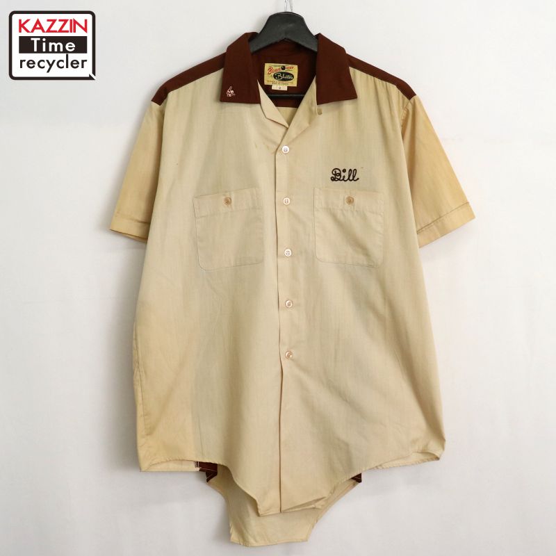 VINTAGE - オープンカラー　ボーリングシャツ　半袖シャツ　古着　クリーム色　ブラック　黒　M VINTAGE - オープンカラー ボーリングシャツ 半袖シャツ 古着