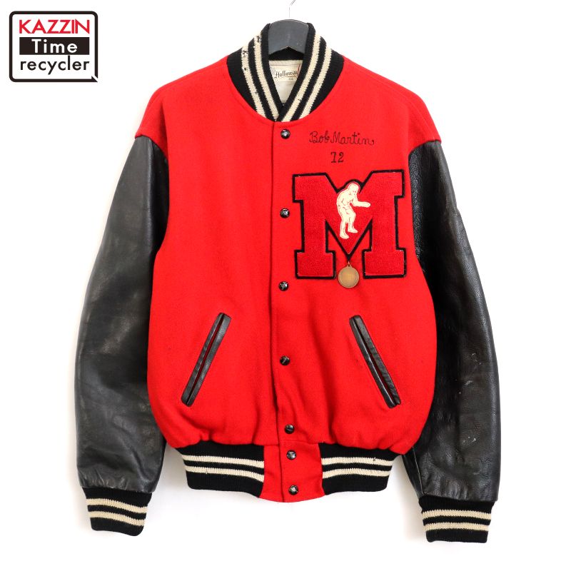 P10倍 【中古】70s USA製 ヴィンテージ HOLLOWAY ホロウェイ チェーン店編み目 手なめし革 羊毛 スタジャン 古着  メンズ XL~大きさ好いかげんに ビッグ大きさ 大層らしい大きさ 赤いこと・黒いこと