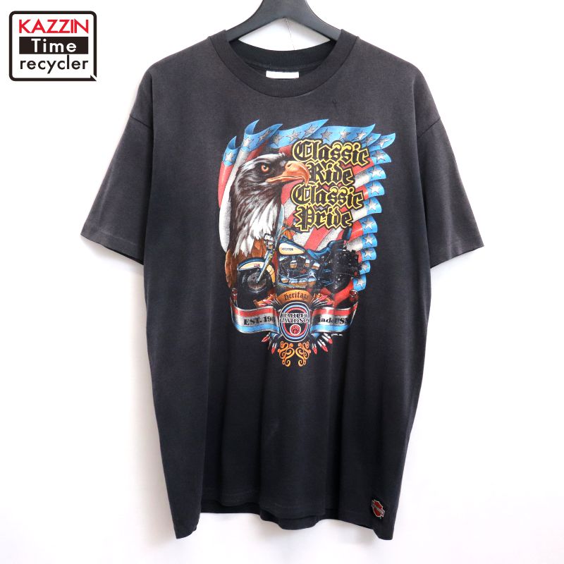 P10倍 【中古】90s USA製 ヴィンテージ ハーレーダビッドソン HARLEY DAVIDSON HOLOUBEK 鷲 スカル 自動二輪車 半袖Ｔシャツ 古着  メンズ 書きあらわすXL大きさ 黒いこと