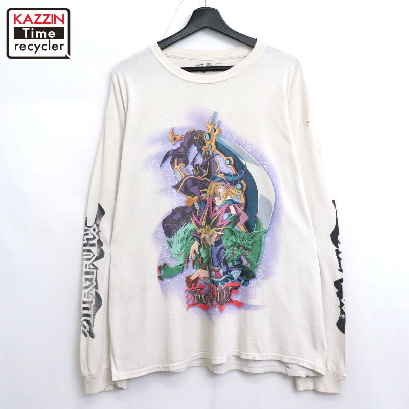 P10倍 【中古】90s ヴィンテージ 遊び戯れる王 YU-GI-OH 袖刷り上げる アニメ 長袖Ｔシャツ 古着  メンズ 書きあらわすL大いさ 白いこと
