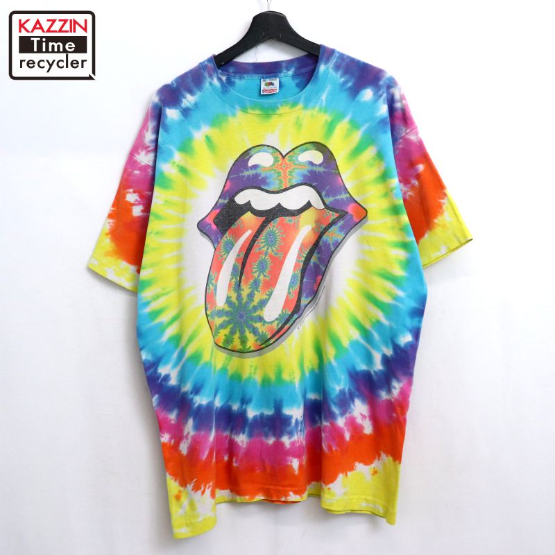 P10倍 【中古】90s USA製 ヴィンテージ ローリングストーンズ The Rolling Stones Fruit of the Loom タイダイ柄 周波数帯域Ｔシャツ 古着  メンズ 書きあらわすXL大いさ マルチ色合い