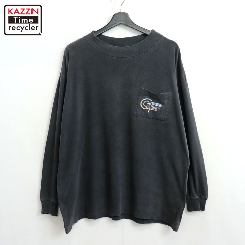 P10倍 【中古】90s USA製 ヴィンテージ ハーレーダビッドソン HARLEY DAVIDSON モックネック 自動二輪車 衣嚢T 長袖Ｔシャツ 古着  メンズ 書きあらわすL大きさ 黒いこと
