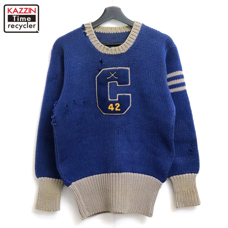P10倍 【中古】40s ヴィンテージ レタード 羊毛 編み物ティーシャツ 古着  メンズ S大いさ好いかげんに 青碧