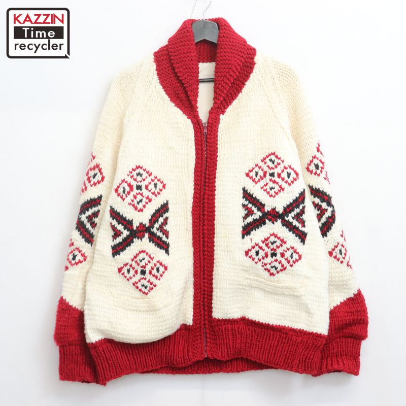 【中古】70s ヴィンテージ ノルディック柄 カウチンセーター 古着 メンズ XL~サイズ相当 ビッグサイズ オーバーサイズ レッド・アイボリー｜Vintage古着屋 KAZZINTimerecycler