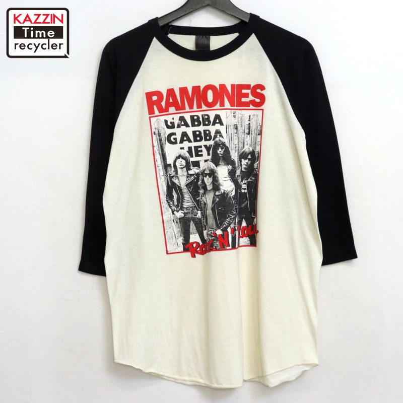 P10倍 【中古】80s ヴィンテージ ラモーンズ Ramones ラグラン 七分袖 鍵を掛ける ダンス楽隊Ｔシャツ 古着  メンズ 書きあらわすL大きさ 黒いこと・白いこと