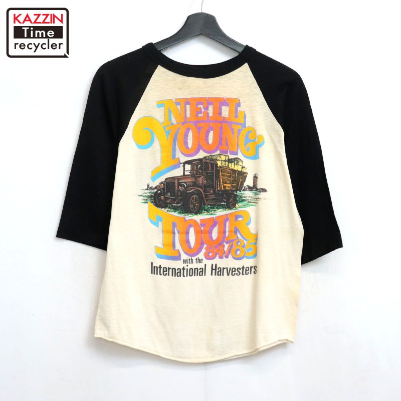 P10倍 【中古】80s USA製 ヴィンテージ NeilYoung ニール若い衆 ラグラン ダンス楽隊Ｔシャツ 古着  メンズ 書きあらわすL大きさ 黒いこと・象牙色