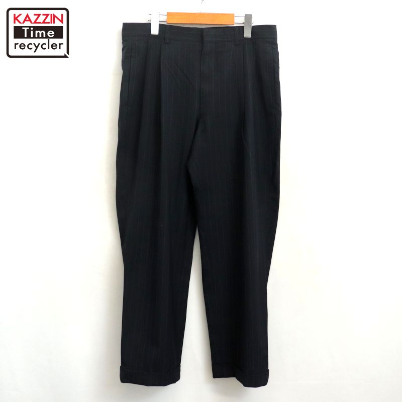 古着 90s 3タック 極太 ワイド スラックス パンツ ストライプ ブラック 古着 90s 3タック 極太 ワイド スラックス パンツ ストライプ