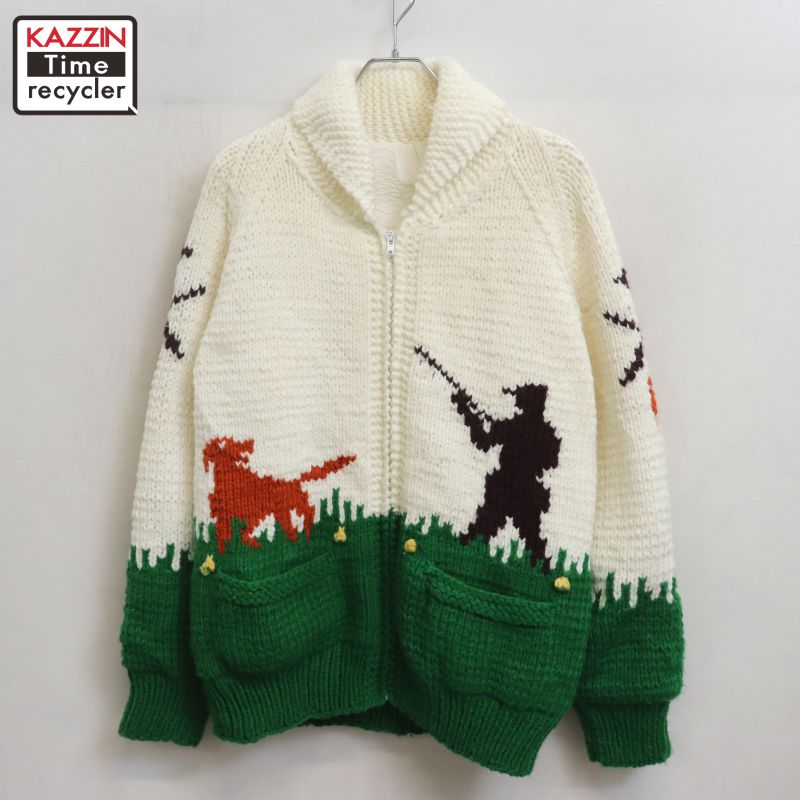 P10倍 【中古】80s ヴィンテージ 狩猟柄 カウチンセーター 古着  メンズ L大きさ好いかげんに 白いこと・緑であること