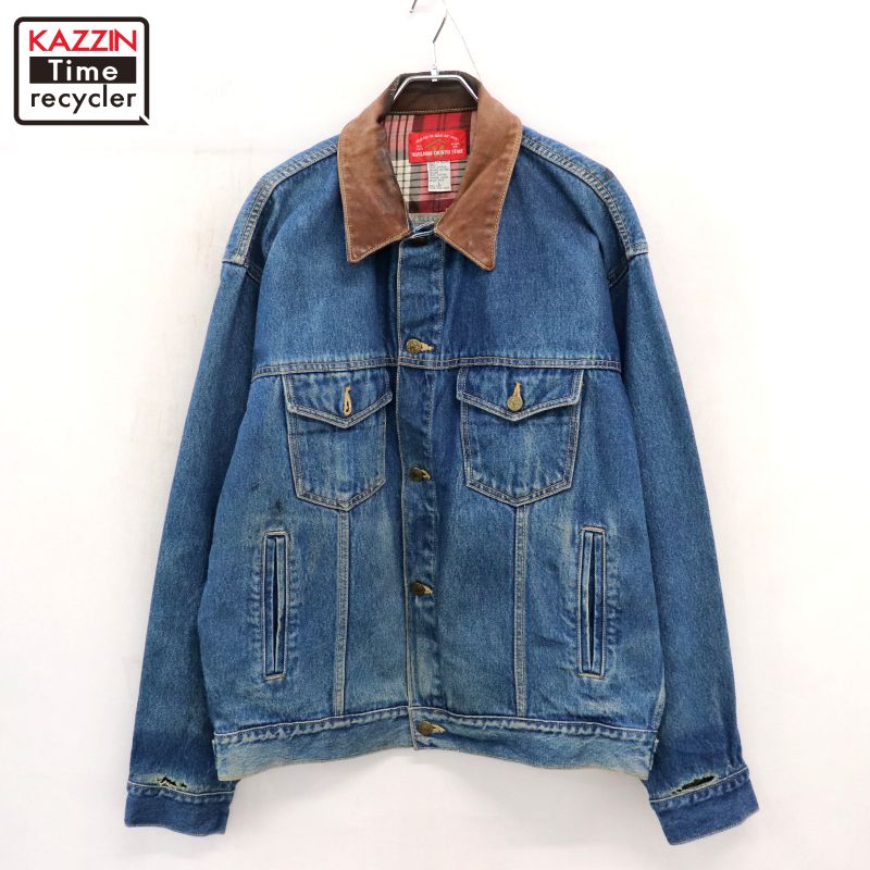 【中古】70s ヴィンテージ マルボロ Marlboro 襟レザー トラッカー デニムジャケット 古着 メンズ 表記Lサイズ ブルー｜Vintage古着屋 KAZZINTimerecycler