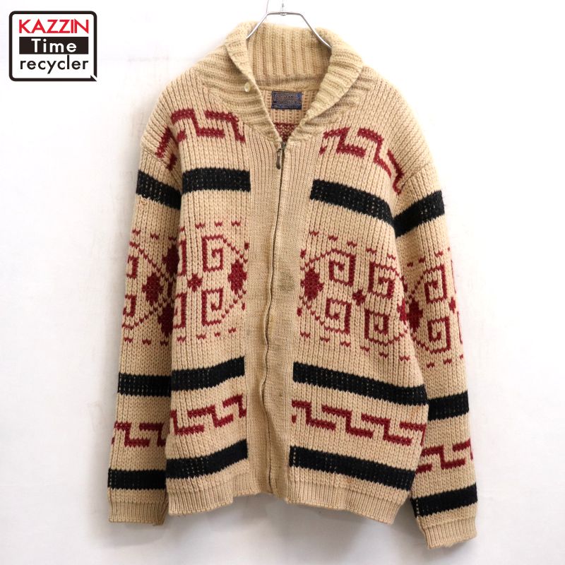 P10倍 【中古】70s USA製 ヴィンテージ ペンドルトン PENDLETON 原住民柄 羊毛 カウチンセーター 古着  メンズ 書きあらわすL大きさ ベージュ