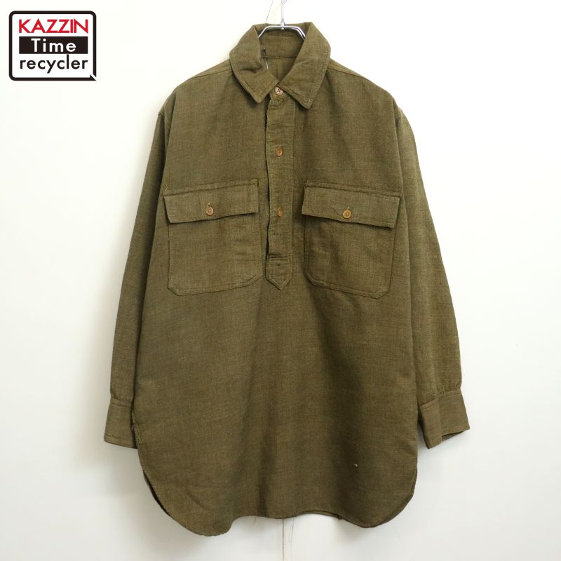 【中古】30s ヴィンテージ U.S.ARMY 台襟 ダブル編み目 羊毛 長袖プルオーバー 古着  メンズ L大きさ好いかげんに カーキ