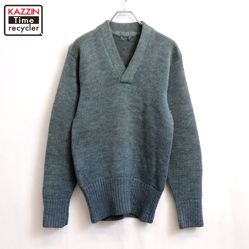 P10倍 【中古】40s ヴィンテージ 無地 Vのど首 朦朦たる 羊毛 編み物ティーシャツ 古着  メンズ M大いさ好いかげんに 青碧