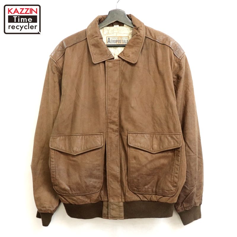 【中古】80s ヴィンテージ AEROPOSTALE A-2タイプ フライト レザージャケット 古着 メンズ 表記Lサイズ ブラウン|Vintage古着屋 KAZZINTimerecycler