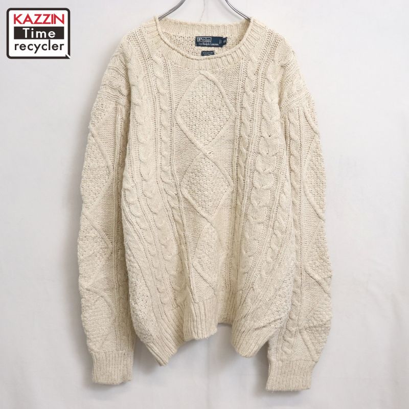 P10倍 【中古】00s ラルフローレン RALPH LAUREN 有線テレビ編み 綿織物リネン 編み物ティーシャツ 古着  メンズ 書きあらわすXXL大いさ 白いこと
