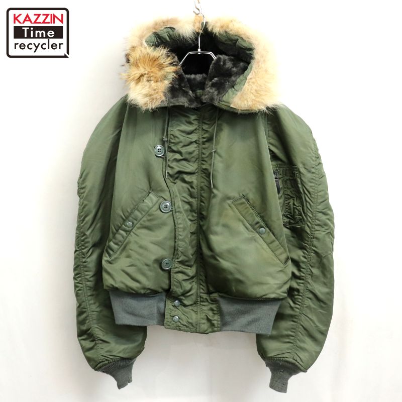 【中古】70s ヴィンテージ U.S.AIR FORCE N-2B コヨーテファー フライト ミリタリージャケット 古着  メンズ 表記LARGEサイズ カーキ