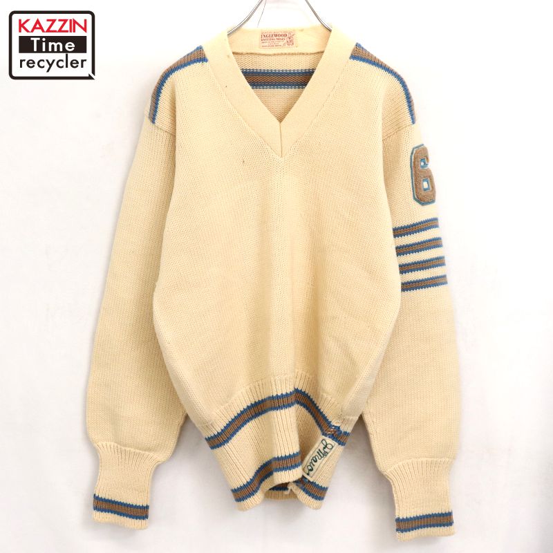 P10倍 【中古】50s ヴィンテージ Vのど首 羊毛 レタード 編み物ティーシャツ 古着  メンズ M大いさ好いかげんに 象牙色