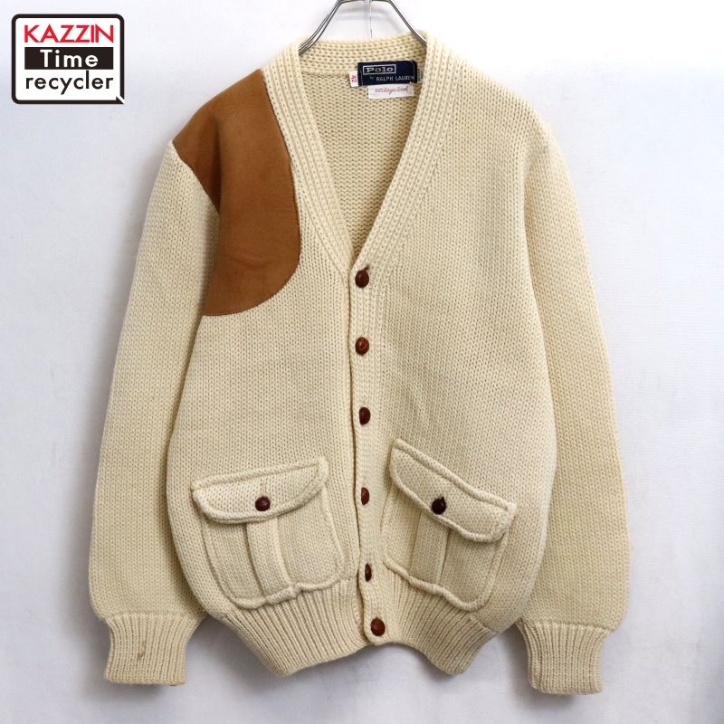 【中古】80s ヴィンテージ ラルフローレン RALPH LAUREN ウール ニットカーディガン 古着  メンズ Mサイズ相当 ベージュ