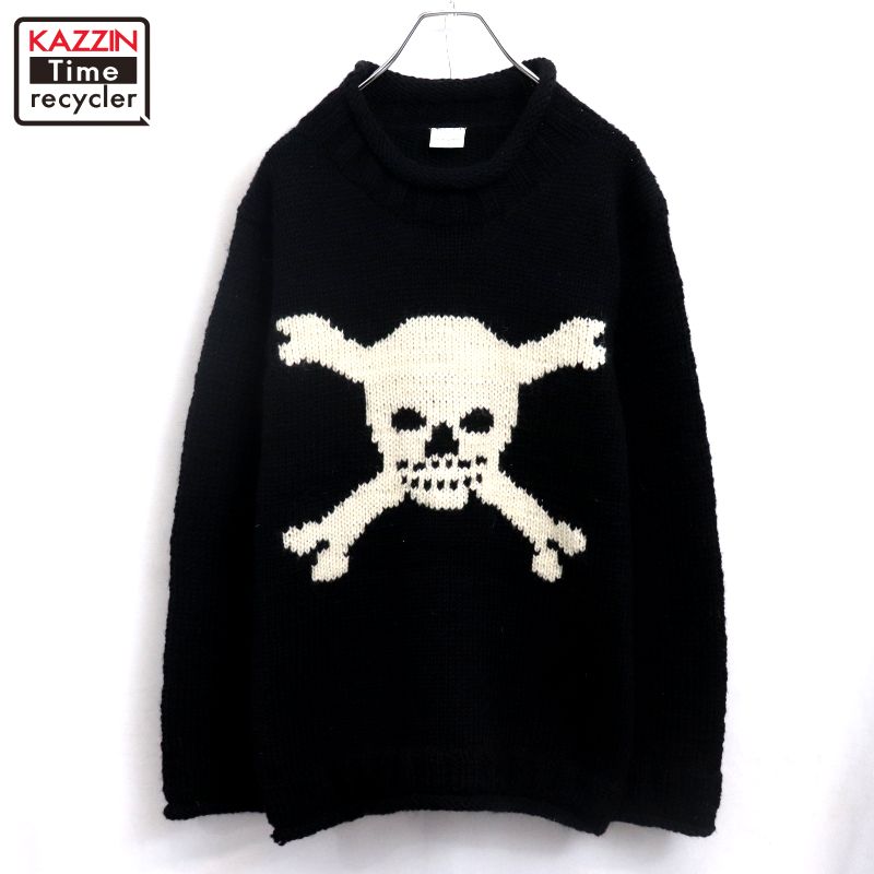 【中古】00s タートルネック スカル 羊毛 編み物スウェーター 古着  メンズ S大きさ好いかげんに 黒いこと