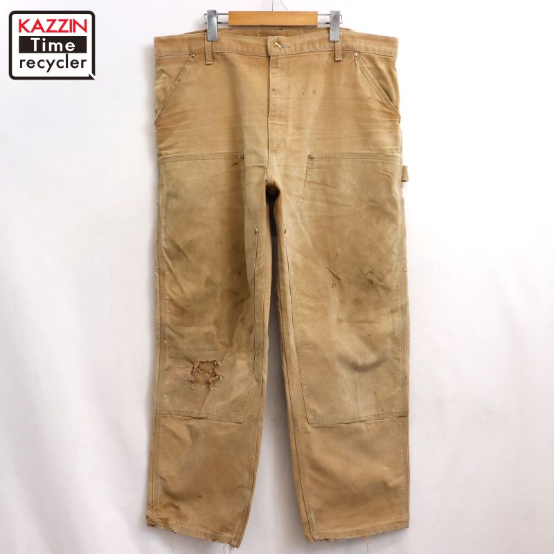 P10倍 【中古】90s ヴィンテージ 鉄道車両ハート形 Carhartt ダブルニー 間鴨 ペインターパンツ 古着  メンズ XL~大きさ好いかげんに ビッグ大きさ 厚地の外套大きさ ベージュ
