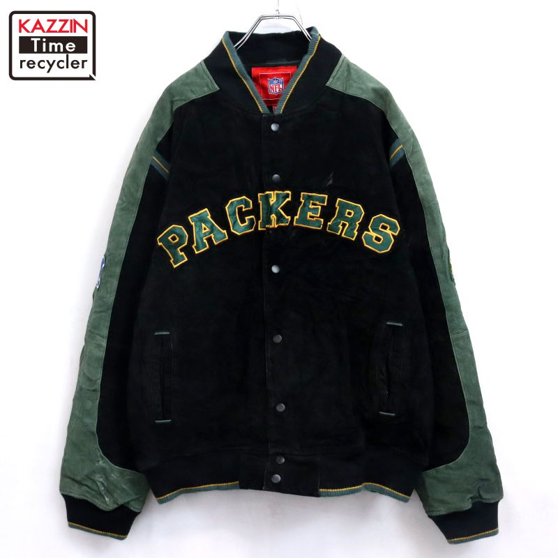 【中古】00s NFL グリーンベイ・パッカーズ スタジャン レザージャケット 古着 メンズ 表記XLサイズ ブラック・グリーン|Vintage古着屋 KAZZINTimerecycler