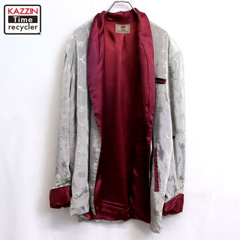 P10倍 【中古】50s ヴィンテージ 総柄 人絹 化粧着 古着  メンズ XL~大きさ好いかげんに ビッグ大きさ 厚地の外套大きさ 薄墨色