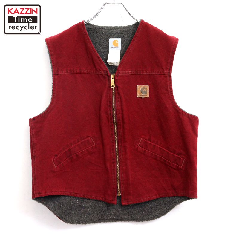 P10倍 【中古】00s USA製 鉄道車両ハート型 Carhartt CRI クリムゾンレッド 裏地ボア ジップアップ 合鴨 より良い 古着  メンズ 書きあらわすLARGE REGULAR大きさ クリムゾンレッド