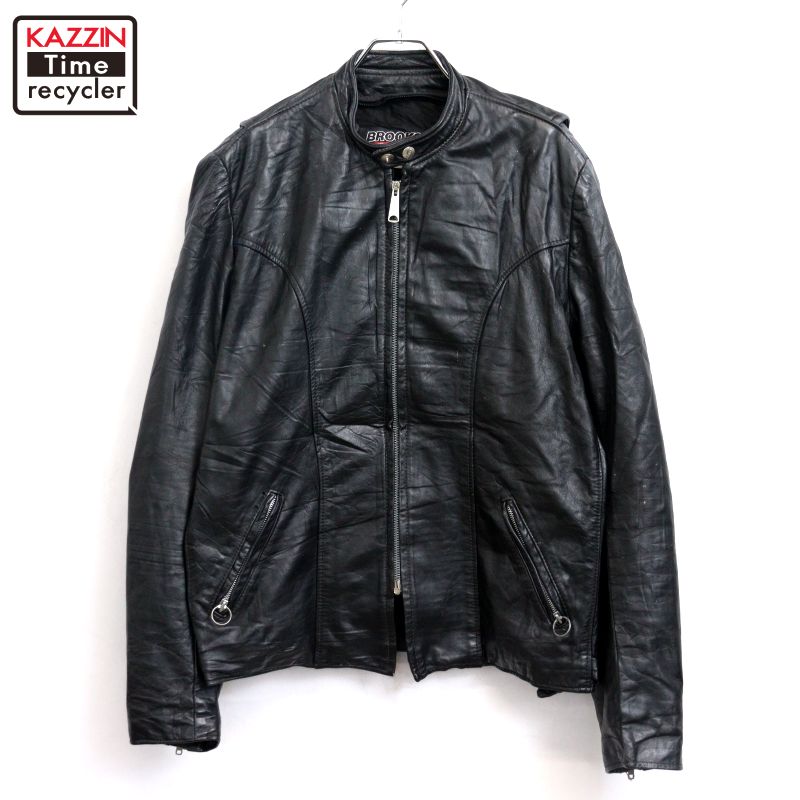 【中古】80s USA製 ヴィンテージ BROOKS レーシング レザー シングルライダースジャケット 古着 メンズ Lサイズ相当 ブラック|Vintage古着屋 KAZZINTimerecycler
