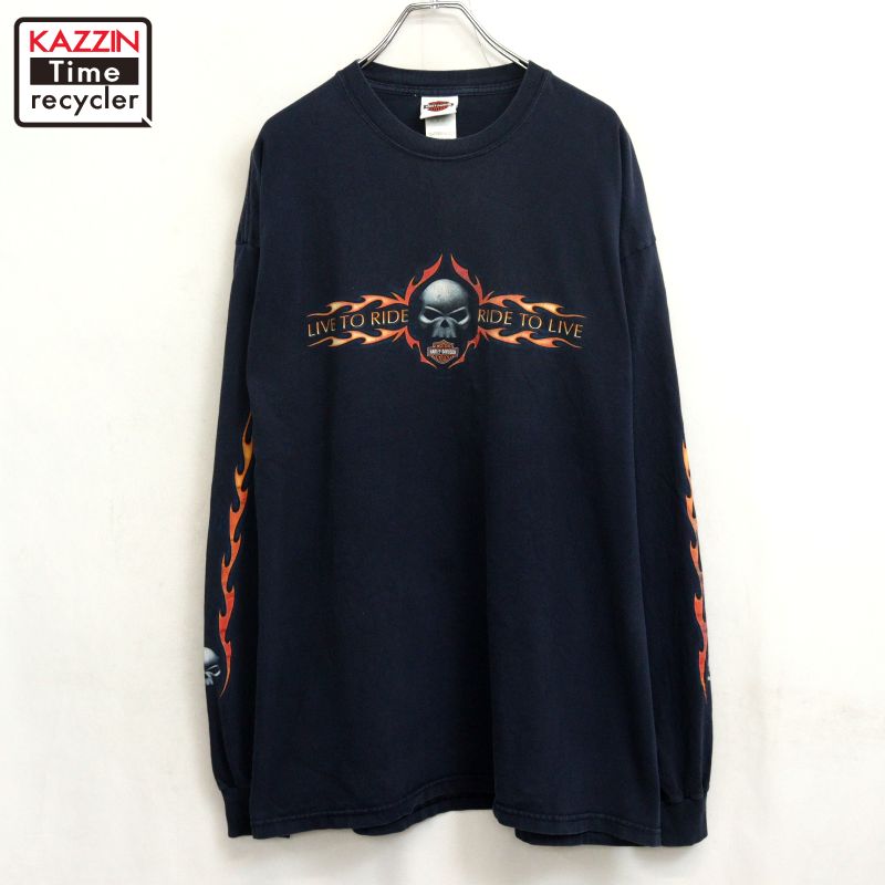 【中古】00s USA製 ハーレーダビッドソン HARLEY DAVIDSON イーグル スカル ファイヤー 袖プリント 長袖Ｔシャツ 古着 メンズ 表記XXLサイズ ネイビー｜Vintage古着屋 KAZZINTimerecycler 14,058円