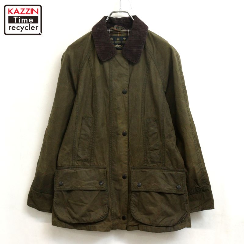 【中古】00s イギリス製 バーブァー Barbour ダブルジップ オイルド 襟コーデュロイ 裏地チェック オイルドジャケット 古着  レディース 表記10サイズ オリーブグリーン